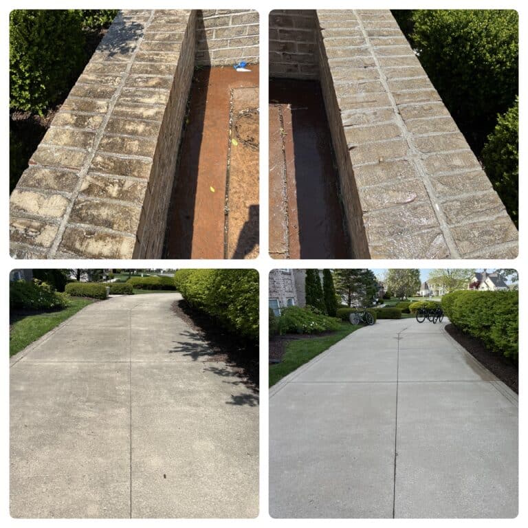 A collage showing before-and-after views of a brick gutter cleaned of debris and a concrete driveway restored to a fresh, uniform appearance, highlighting the effectiveness of pressure washing services in Toledo, OH.